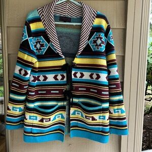 Cowgirl Legend cardigan sweater Tribal theme aqua/yellow